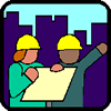 graphic: image of two people looking at a plan which at a construction site
